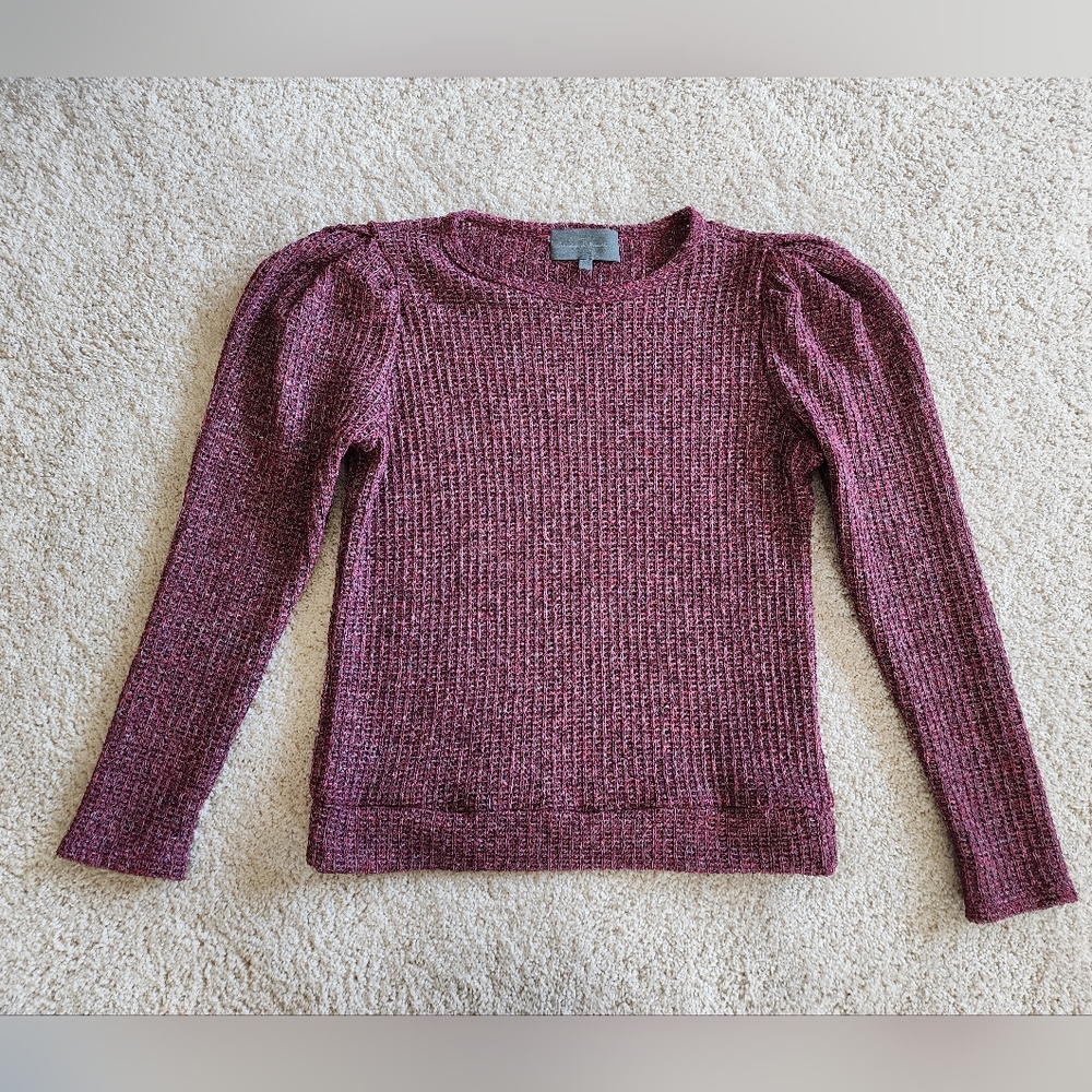 Anthropologie Sunday in Brooklyn Small open knit berry puff shoulder sweater Top